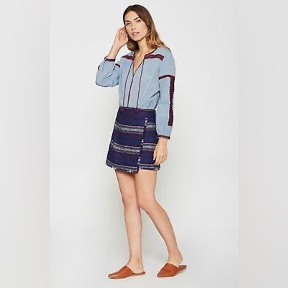 JOIE Women’s Genae Dark Navy Multi Striped Boho Hip Mini Wrap Skirt 2 - Picture 3 of 8